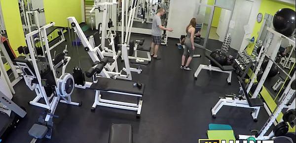  Ginger teen beauty plowed in gym while cuckold jock watches